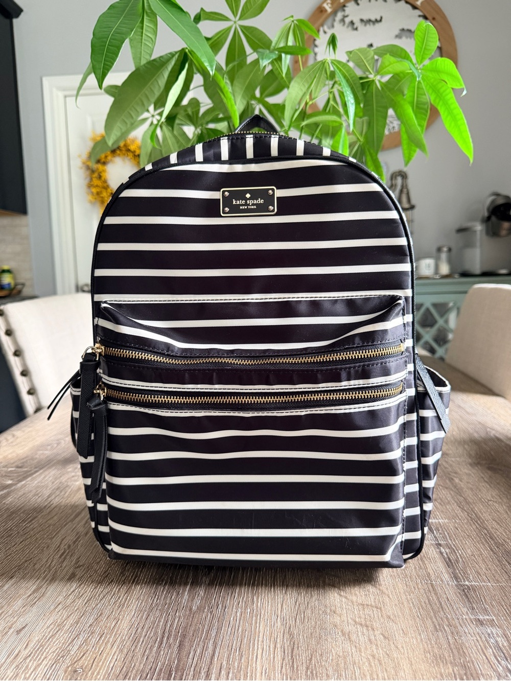 kate spade striped black and white backpack with gold hardware